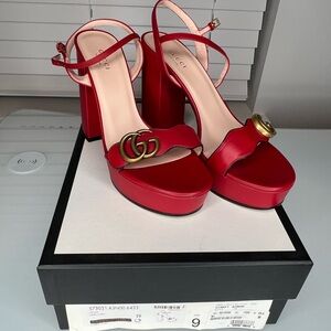 Gucci Red High Heel Sandals with Gold Accent